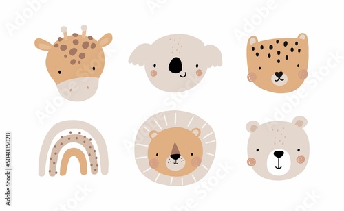Cute cartoon Bohemian nursery print. Vector safari print for wall decor in children's bedroom. Cute African animals characters - koala, giraffe, lion, leopard, bear