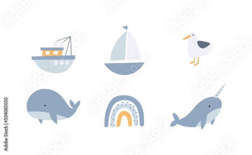 Cute cartoon Bohemian nursery print. Vector print for wall decor in children's bedroom. Cute characters - rainbow, ship, whale, narwhal, seagull