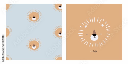 Cute cartoon Bohemian nursery print. Vector print for wall decor in children's bedroom. Cute characters - Lion and seamless pattern