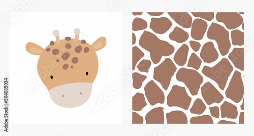 Cute cartoon Bohemian nursery print. Vector print for wall decor in children's bedroom. Cute characters - Giraffe and seamless pattern
