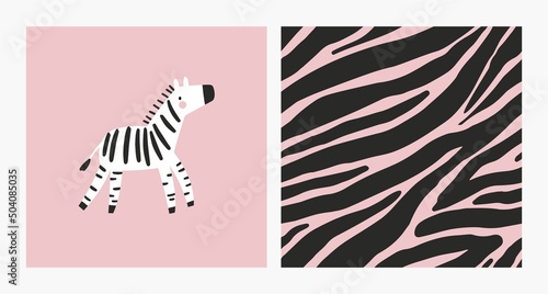 Cute cartoon Bohemian nursery print. Vector print for wall decor in children's bedroom. Cute characters - zebra mom and baby