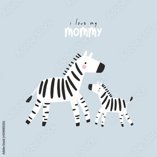 Cute cartoon Bohemian nursery print. Vector print for wall decor in children's bedroom. Cute characters - zebra mom and baby