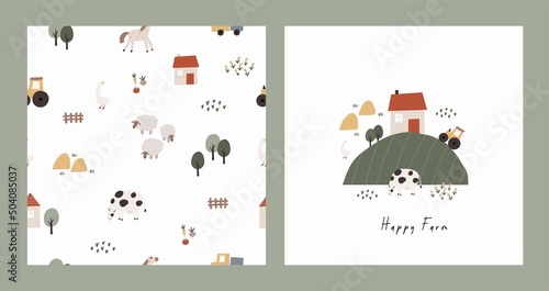 Cute Farm pets colorful collection. Hand drawn vector domestic animals set. Boho seamless pattern with three, house, horse, goose, cow, sheep, tractor, cars, vegetables. Village landscape