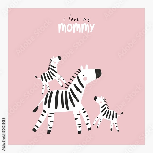 Cute cartoon Bohemian nursery print. Vector print for wall decor in children's bedroom. Cute characters - zebra mom and baby