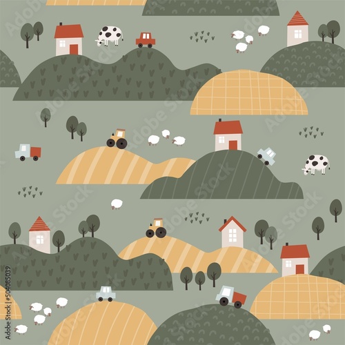 Cute Farm pets colorful collection. Hand drawn vector domestic animals set. Boho seamless pattern with three, house, horse, goose, cow, sheep, tractor, cars, vegetables. Village landscape
