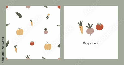 Cute Farm pets colorful collection. Hand drawn vector domestic animals set. Boho seamless pattern with vegetables. Village landscape