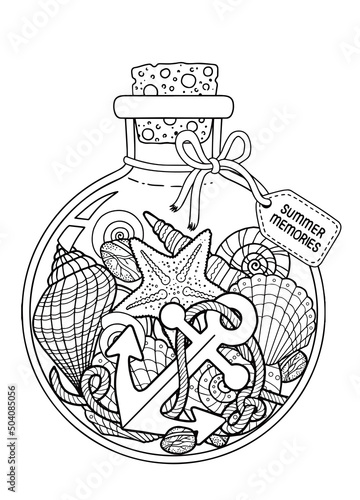 Vector Coloring book page for adult. Set of seashell in a glass bottle for summer memories