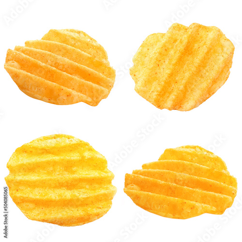 Flying tasty potato chips on white background