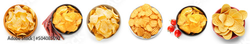 Bowl with different tasty potato chips on white background, top view photo