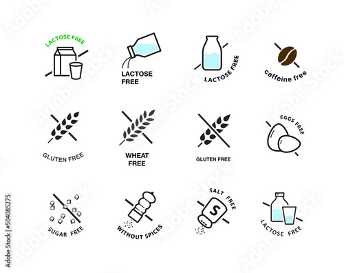 Lactose free, gluten, wheat, sugar and salt free icons. A set of icons ready to use in your design. Vector icons can be used on different backgrounds. EPS10.	