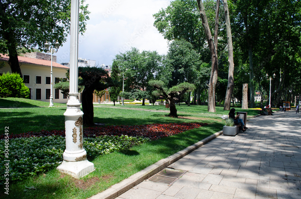 View of historical urban Gulhane Park in the Eminonu district of Istanbul. Turkey.