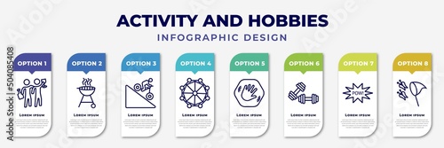 infographic template with icons and 8 options or steps. infographic for activity and hobbies concept. included hang out, barbeque, downhill, modeling, greeting, exercising, comic, butterfly catcher