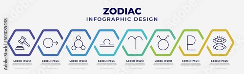 vector infographic design template with icons and 8 options or steps. infographic for zodiac concept. included authority, mars, silver, libra, aries, , pluto, gods omnipressence.