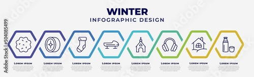 vector infographic design template with icons and 8 options or steps. infographic for winter concept. included snow ball, winter tire, christmas sock, bobsled, chapel, earmuffs, chalet, themos