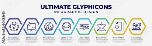 vector infographic design template with icons and 8 options or steps. infographic for ultimate glyphicons concept. included upload arrow with bar, internet security, round flame, turn right, tings