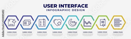 vector infographic design template with icons and 8 options or steps. infographic for user interface concept. included save, play files, confirmity, add a like, loading indicator, sine wave,
