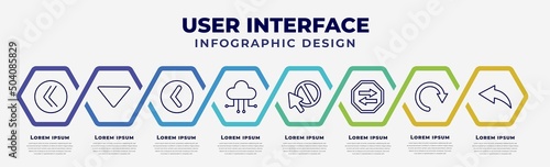 vector infographic design template with icons and 8 options or steps. infographic for user interface concept. included double arrows, drop down, round left button, cloud with connection, forbidden