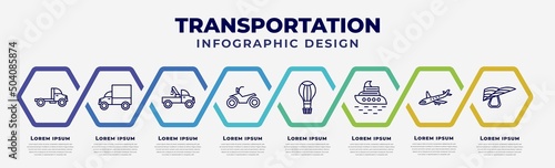 vector infographic design template with icons and 8 options or steps. infographic for transportation concept. included truck, lorry, tow truck, motorbike, hot air balloon, yacht, jumbo jet, hang