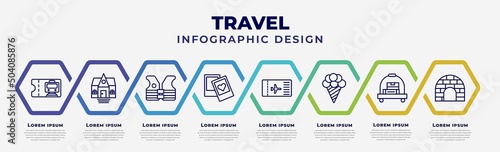 vector infographic design template with icons and 8 options or steps. infographic for travel concept. included train ticket, bungalow, lifejacket, , boarding pass, icecream, bellhop, igloo.