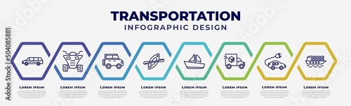 vector infographic design template with icons and 8 options or steps. infographic for transportation concept. included limousine, quad, jalopy, kayak, sailboat, cargo truck, electro car, cargo ship.