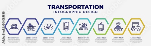 vector infographic design template with icons and 8 options or steps. infographic for transportation concept. included caboose, cruiser, vintage bicycle, monorail, hydroplane, trolleybus, icebreaker