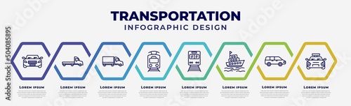 vector infographic design template with icons and 8 options or steps. infographic for transportation concept. included car frontal view, flatbed lorry, eighteen-wheeler, tram, train front, tugboat,