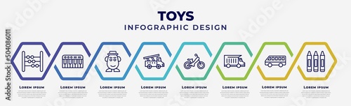 vector infographic design template with icons and 8 options or steps. infographic for toys concept. included abacus toy, piano toy, mrs potato toy, fire truck ride on dump truck bus crayons