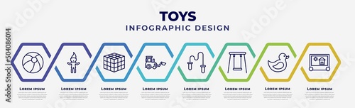 vector infographic design template with icons and 8 options or steps. infographic for toys concept. included beach ball toy, troll toy, thinking game toy, digger skipping rope swing duck etch a
