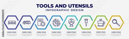 vector infographic design template with icons and 8 options or steps. infographic for tools and utensils concept. included house things, firetruck, program tings, radial, table fan, attached, hot
