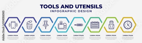 vector infographic design template with icons and 8 options or steps. infographic for tools and utensils concept. included ringing, trash can open, school push pin, camera with flash, body