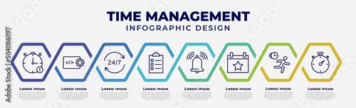 vector infographic design template with icons and 8 options or steps. infographic for time management concept. included out of time, develop, 24/7, tasks, reminder, event, rush, time pressure.