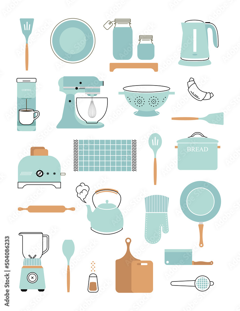 vector kitchen vintage tools set cute simple style - obrazy, fototapety, plakaty 