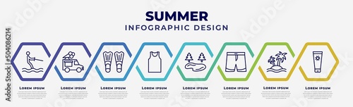 vector infographic design template with icons and 8 options or steps. infographic for summer concept. included waterski, ice cream van, fins, sleeveless, lake, swimming trunks, island, sun cream.