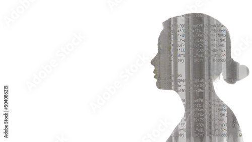 Information overload. Communication error. Double exposure profile silhouette of woman face with glitch noise encryption isolated on white copy space. photo