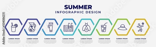 vector infographic design template with icons and 8 options or steps. infographic for summer concept. included lime juice, sangria, sunscreen, swimming pool, firefly, refreshing cold drink, pamela