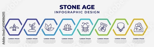 vector infographic design template with icons and 8 options or steps. infographic for stone age concept. included pterodactyl, plant, leaf, shellfish, arthropod, dried insect in amber, amulet, cave