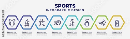 vector infographic design template with icons and 8 options or steps. infographic for sports concept. included chest guard, skating, excersice, volleyball ball, trekking, weight lifting medal, man