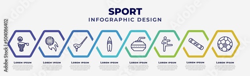 vector infographic design template with icons and 8 options or steps. infographic for sport concept. included basketball, volleyball, golf, surf, curling, karate, snowboard, soccer ball.