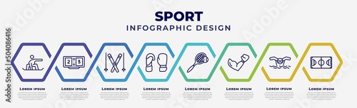 vector infographic design template with icons and 8 options or steps. infographic for sport concept. included snowboarding, scoreboard, ski, boxing gloves, tennis, boxing, swimming, soccer field.