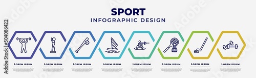 vector infographic design template with icons and 8 options or steps. infographic for sport concept. included weightlifter, award, baseball, windsurf, wakeboarding, badminton, hockey, training.