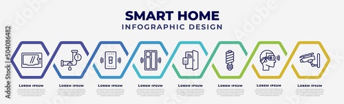 vector infographic design template with icons and 8 options or steps. infographic for smart home concept. included intercom, leak, smart switch, windows, access, illumination, virtual reality,
