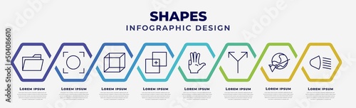 vector infographic design template with icons and 8 options or steps. infographic for shapes concept. included open folder, vignette, geometry cube, paint selection, four finger in hand, y shaped