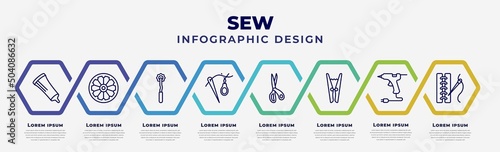 vector infographic design template with icons and 8 options or steps. infographic for sew concept. included glue stick, spokes, overstitch, threading, cutting tool, clothespin, hot glue, seam.