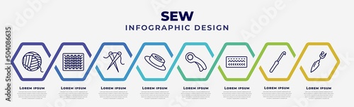 vector infographic design template with icons and 8 options or steps. infographic for sew concept. included yarn, knit, sewing needles, grommet, rotary, stitches, crochet hook, seam ripper.