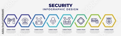 vector infographic design template with icons and 8 options or steps. infographic for security concept. included turnstiles, ambulance alert, bullet proof vest, padlocks, reflective vest, lifeguard