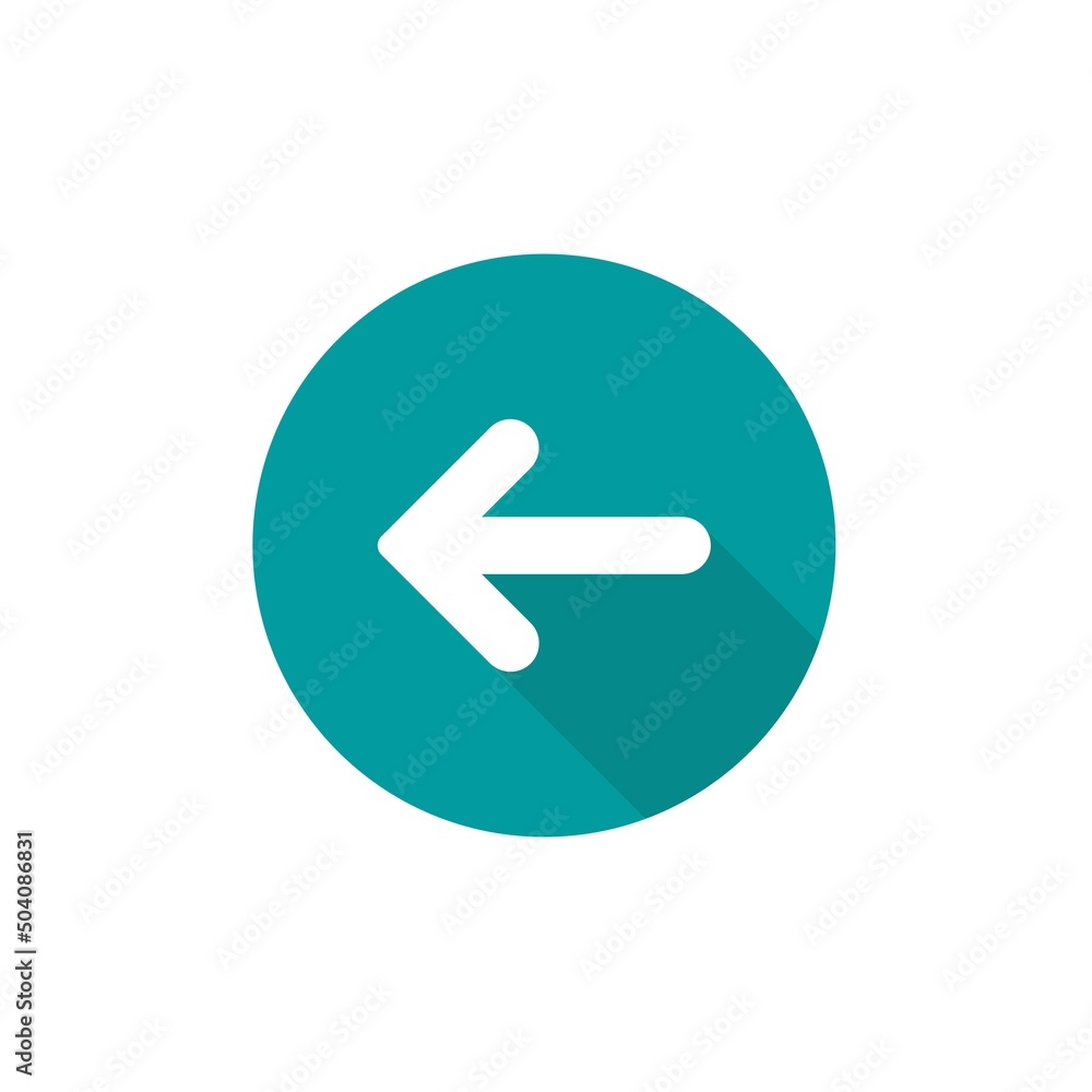 White left rounded arrow with shadow in turquoise blue circle. flat icon. Isolated on white. Continue icon. Back sign. West arrow. White left rounded arrow with shadow in turquoise blue circle. flat icon. Isolated on white. Continue icon. Back sign. West arrow.