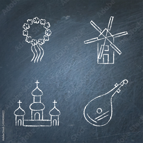 Chalkboard Ukrainian national symbols icon set