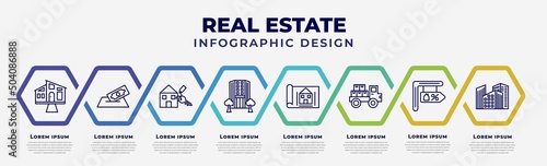 vector infographic design template with icons and 8 options or steps. infographic for real estate concept. included house front view, deposit, rent, office building, blueprint, moving truck, for