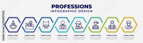 vector infographic design template with icons and 8 options or steps. infographic for professions concept. included it manager, clerk, director, butler, detective, thief, dj, concierge.