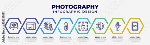 vector infographic design template with icons and 8 options or steps. infographic for photography concept. included chroma, resolution, shades, carging, blur, contrast, light meter, aspect.